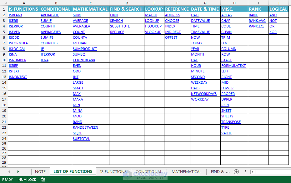 Excel Formula Cheat Sheet Printable