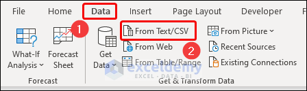 clicking on From Text or CSV option on Data tab in Excel