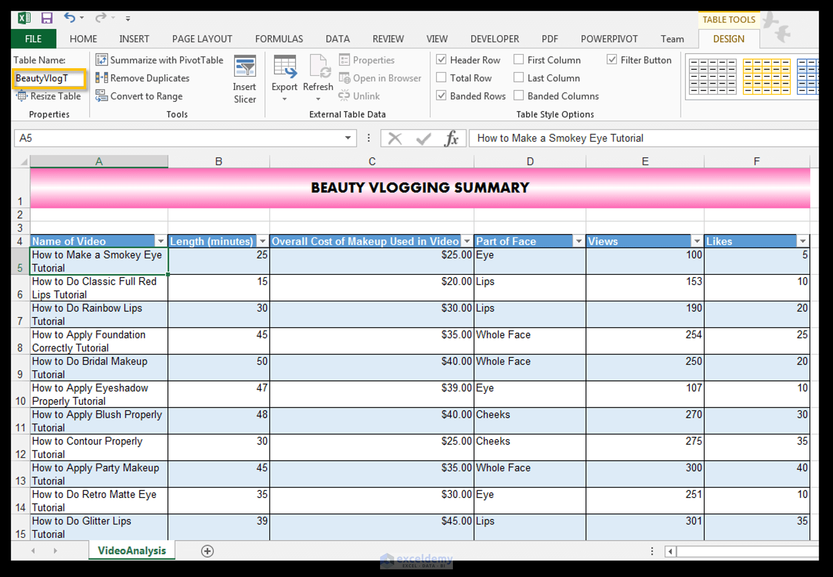 Excel Tabelle Layout