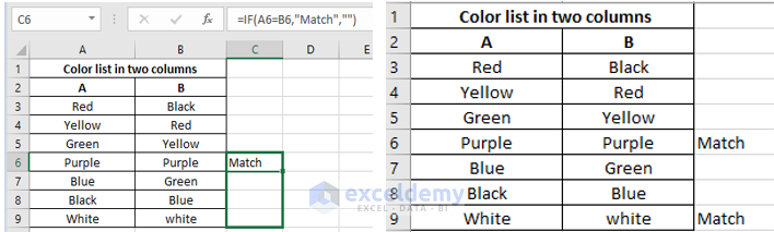 compare two columns in excel and highlight matches