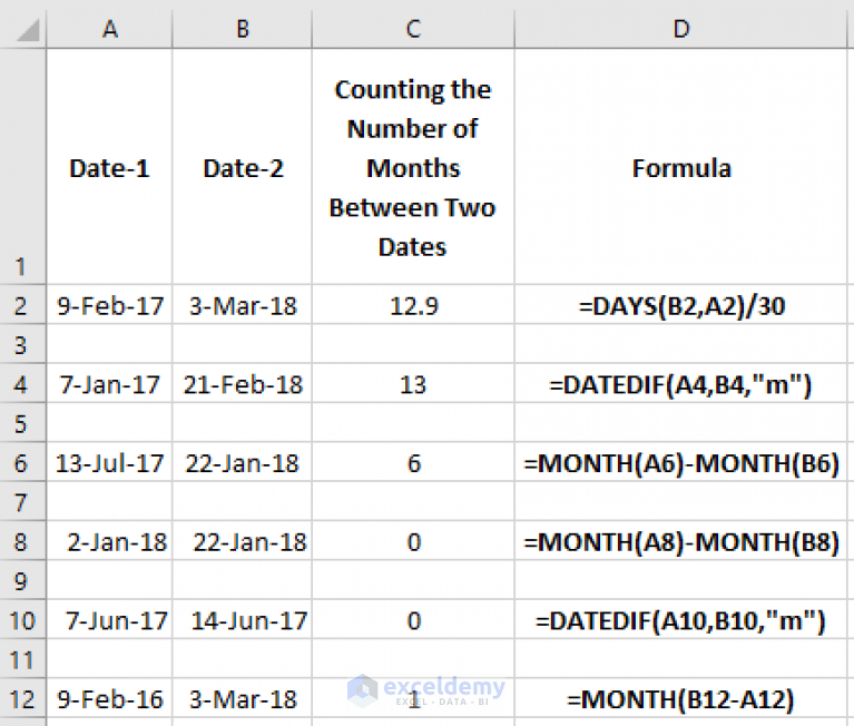 Calculate Number Of Days weeks months years Between Two Dates In Excel