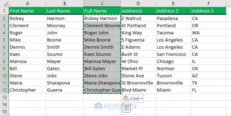 merging cells in excel without a mouse