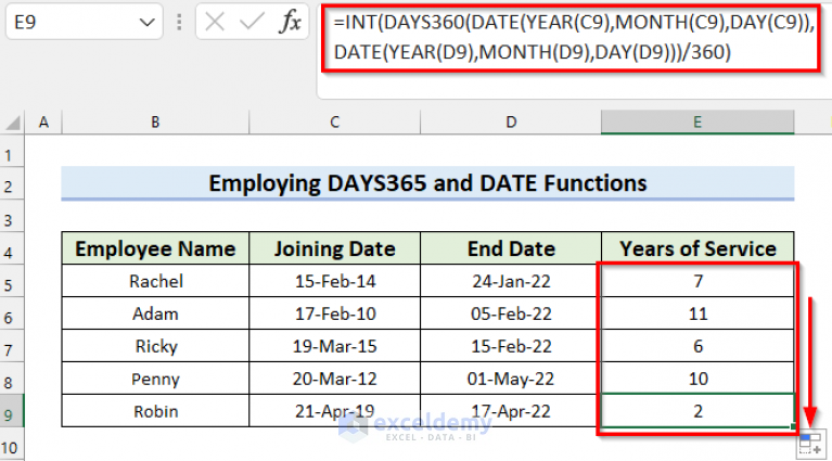 excel formula to calculate completed years of service