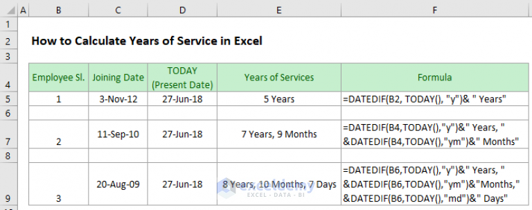 How to calculate years of service in Excel (3 easy ways) - ExcelDemy