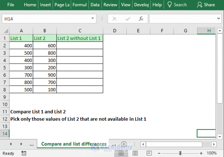 compare two columns in excel and return missing values