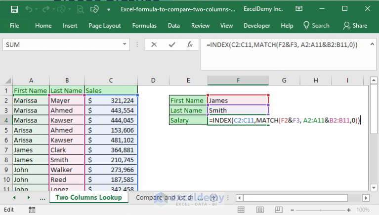 Excel formula to compare two columns and return a value (5 examples)