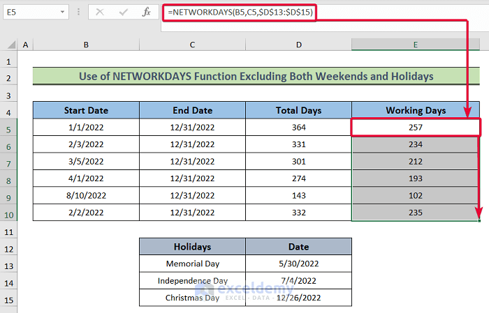 How To Calculate Working Days In Excel Excluding Weekends And Holidays