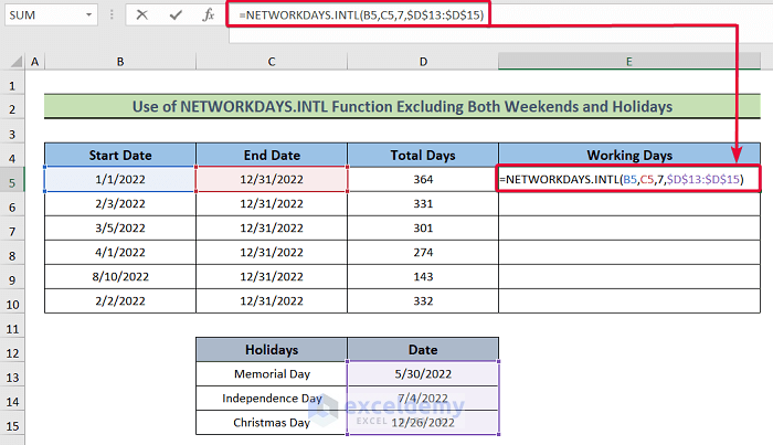 How To Calculate Working Days In Excel Excluding Weekends And Holidays