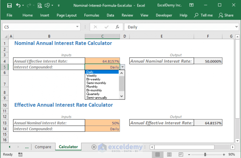 Nominal Interest Rate Formula Excel (calculate from Effective Rate)