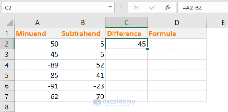 difference between 2 numbers in excel