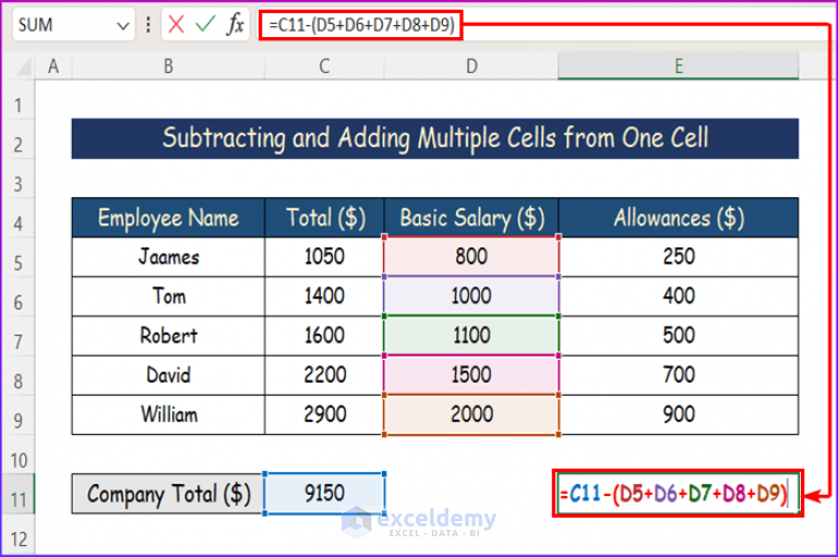 formula to add and subtract in excel