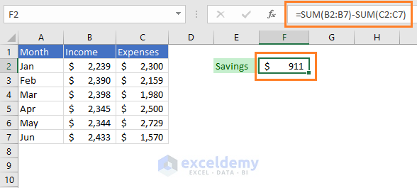 excel formula for subtracting one column from another