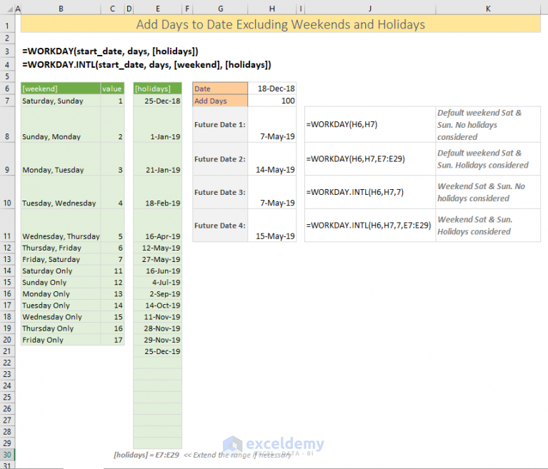 Add days to date in Excel excluding weekends and holidays (4 ways)