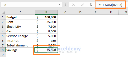 excel formula to subtract one cell from another