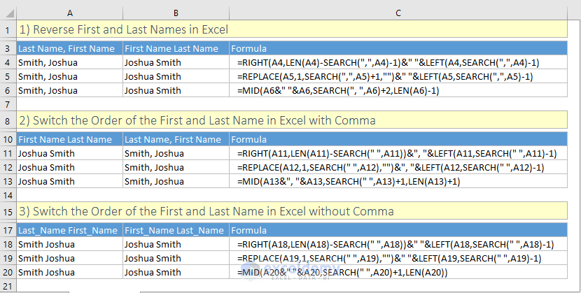 Switch First And Last Name In Excel With Comma 5 Easy Ways 