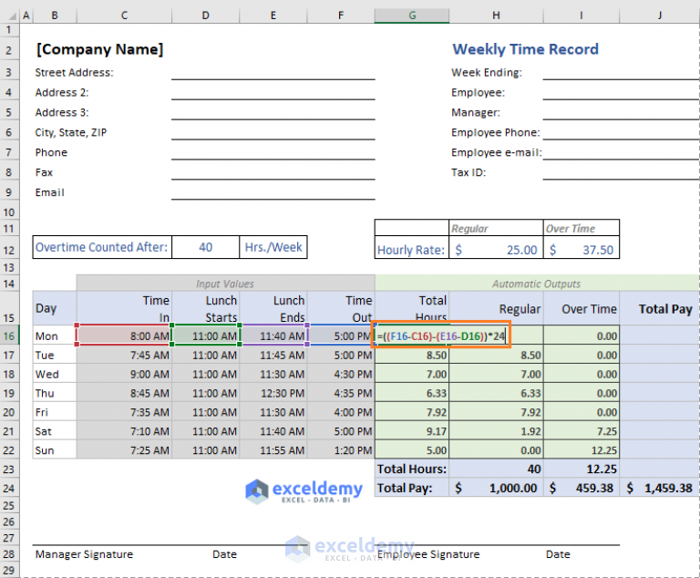 Excel Formula To Calculate Hours Worked Overtime with Template 