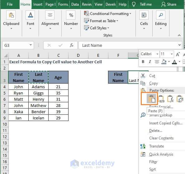 Excel Formula To Copy Cell Value To Another Cell Exceldemy 3135
