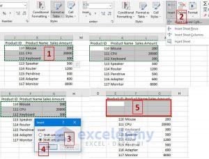 excel shift cells down right