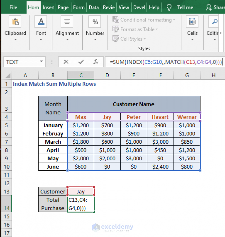 sum with index match functions under multiple