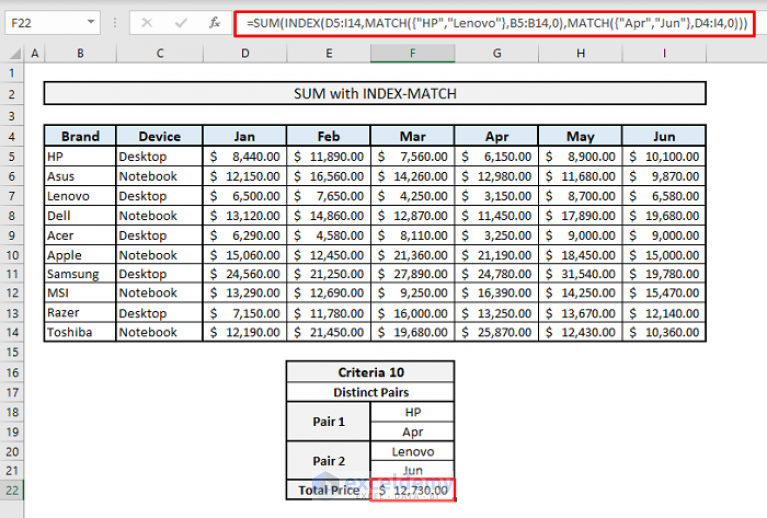 Sum with INDEX-MATCH Functions under Multiple Criteria in Excel