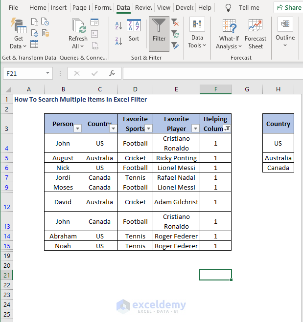 Filter data