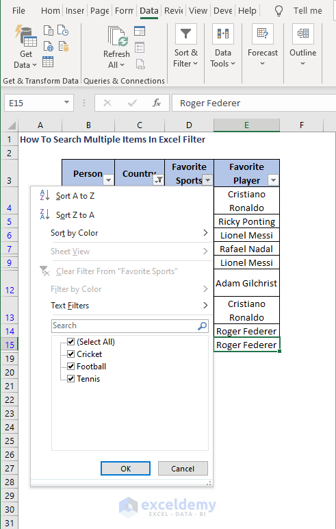 Select data from different column-How To Search Multiple Items In Excel Filter