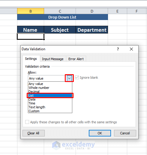 how to make a drop down list in excel using a separate page