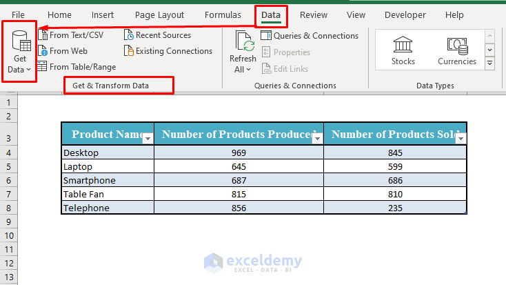 Get Data Tool in Excel Toolbar