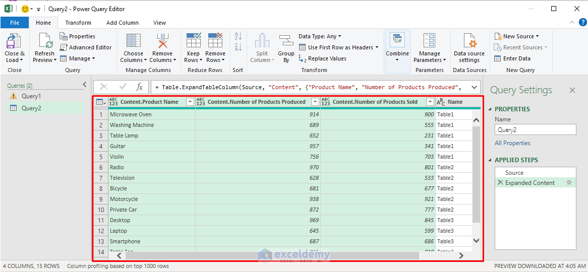 Table in the Power Query Editor