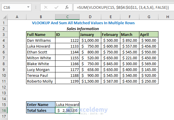 Vlookup Sum Multiple Rows Google Sheets