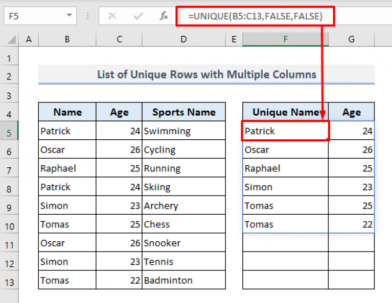 how to create a list of unique names in excel