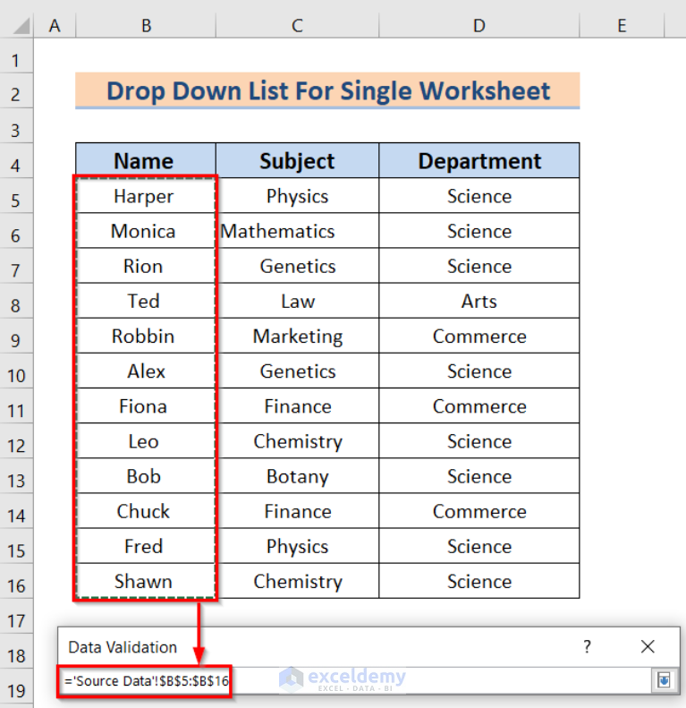 dropdown list in excel from another sheet