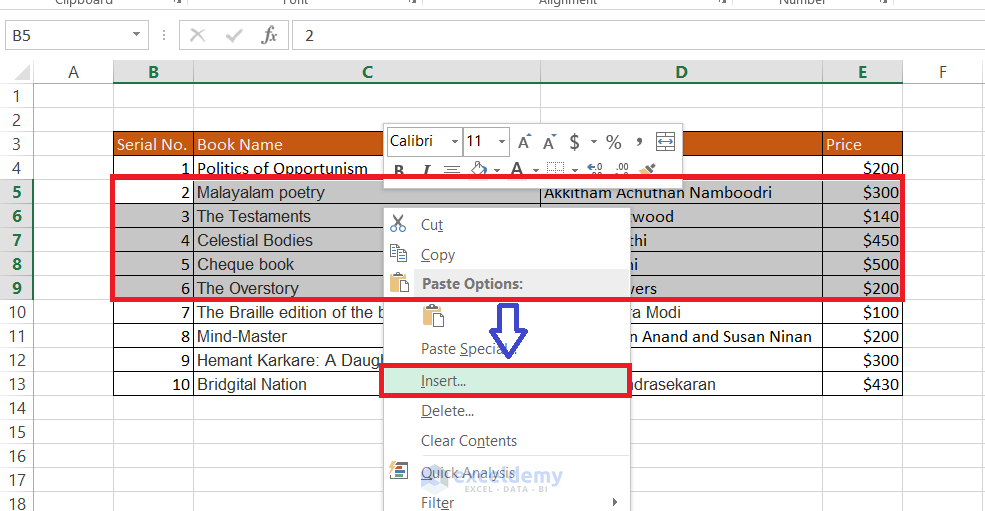 insert rows in excel