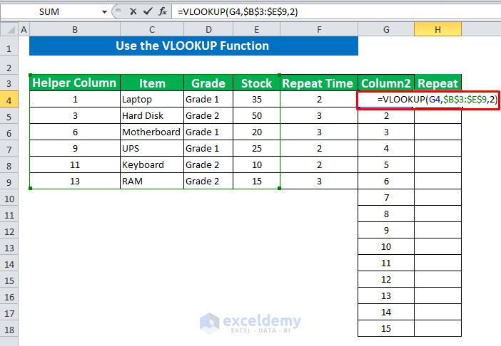 Use the VLOOKUP Function to Repeat Rows a Specified Number of Times in Excel 