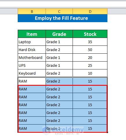 Employ the Fill Feature to Repeat Rows a Specified Number of Times in Excel 