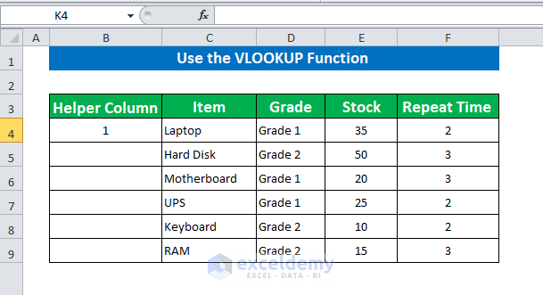 Use the VLOOKUP Function to Repeat Rows a Specified Number of Times in Excel 