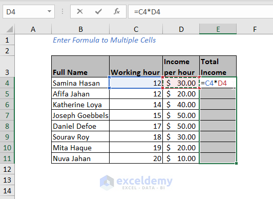 entering formula to multiple cells