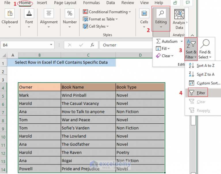 how-to-select-row-in-excel-if-cell-contains-specific-data-4-ways