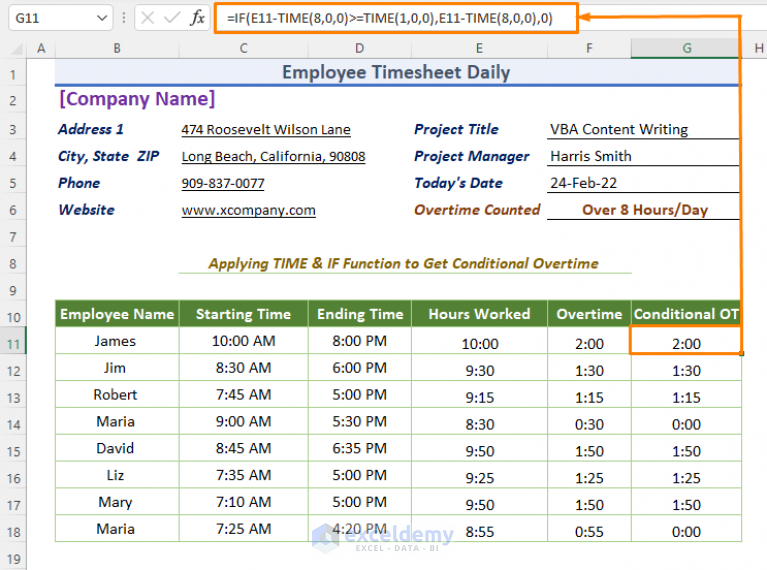 Excel Formula for Overtime over 8 Hours (4 Examples)