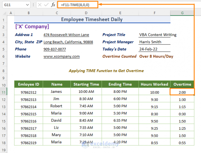 Excel Formula for Overtime over 8 Hours (4 Examples)