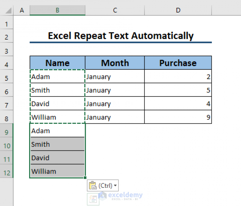 Repeat Text In Excel Automatically 5 Easiest Ways Exceldemy 5488