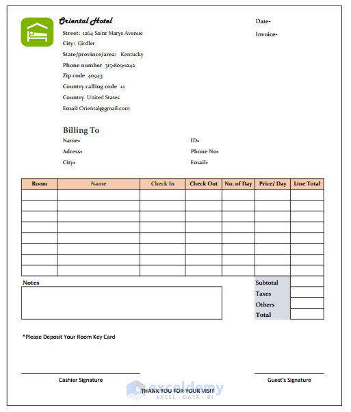 Hotel Invoice Template Excel