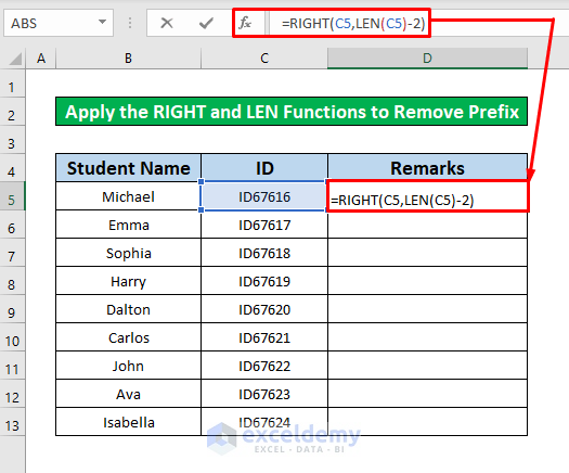 Apply the RIGHT and LEN Functions to Remove Prefix in Excel