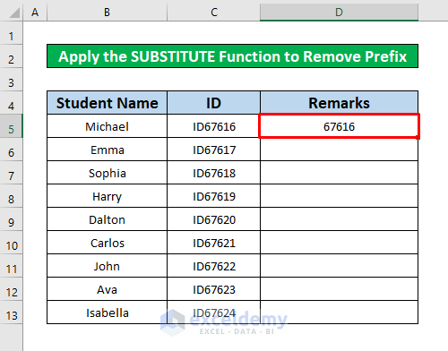 Apply the SUBSTITUTE Function to Remove Prefix in Excel