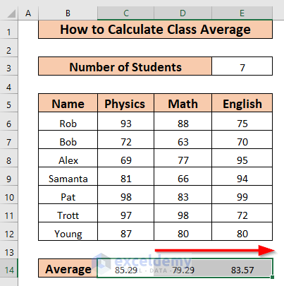 how to calculate class average in Excel using AVERAGE