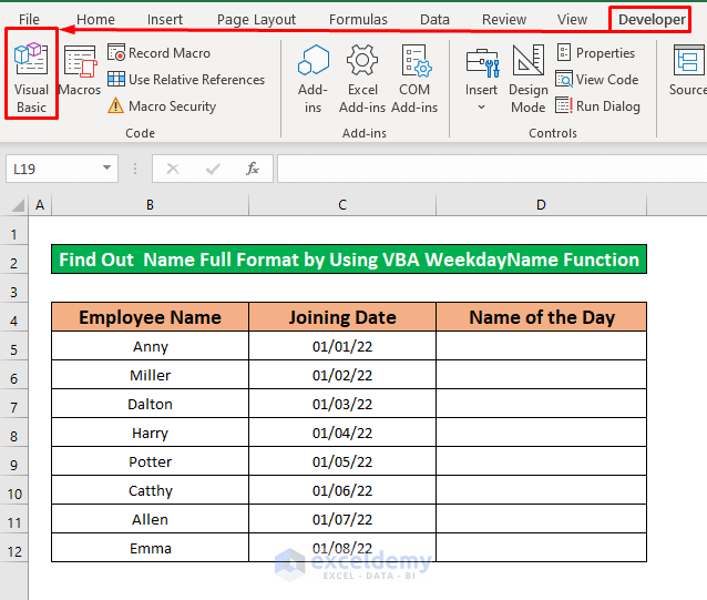 How to Use VBA WeekdayName Function in Excel (2 Examples)