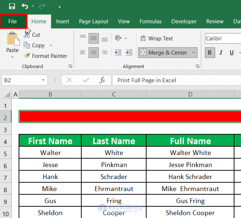 how to print full page in excel
