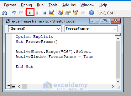 how to put a freeze frame in excel