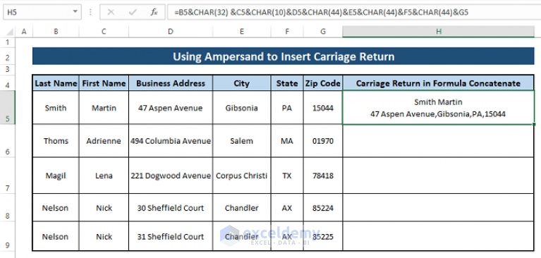 Carriage Return in Excel Formula to Concatenate (6 Examples)