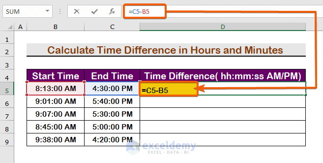 How To Calculate Time Difference Between AM And PM In Excel